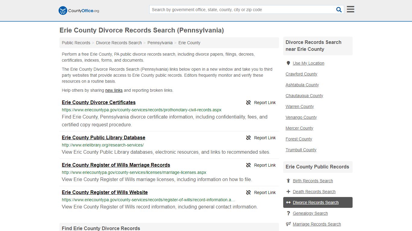 Erie County Divorce Records Search (Pennsylvania) - County Office